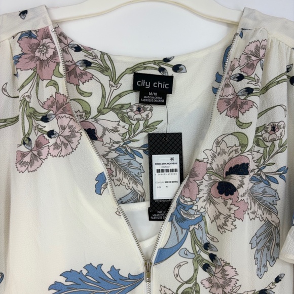 City Chic Size Medium 18 Rose Chic Nouveau Dress White Floral Zip Neck with Slip - Picture 5 of 11